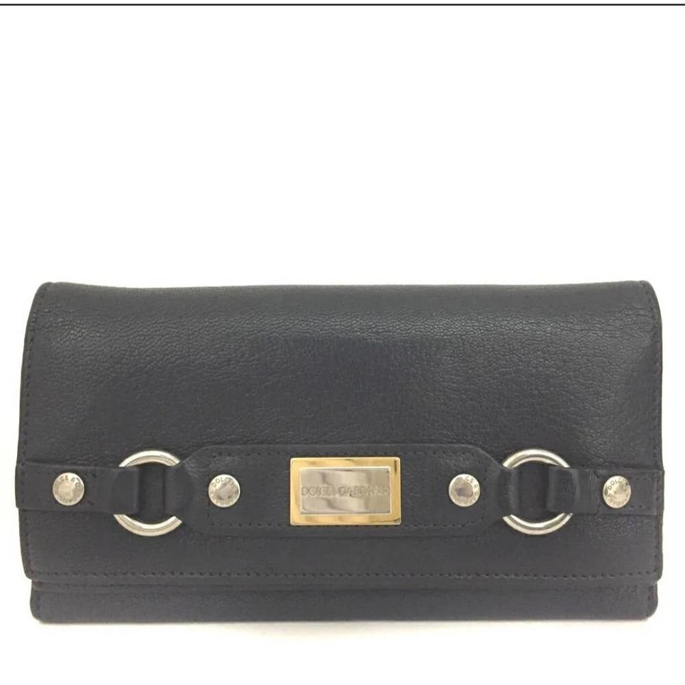 Authentic DOLCE&GABBANA Logo Plate Leather Bifold Long Wallet.
